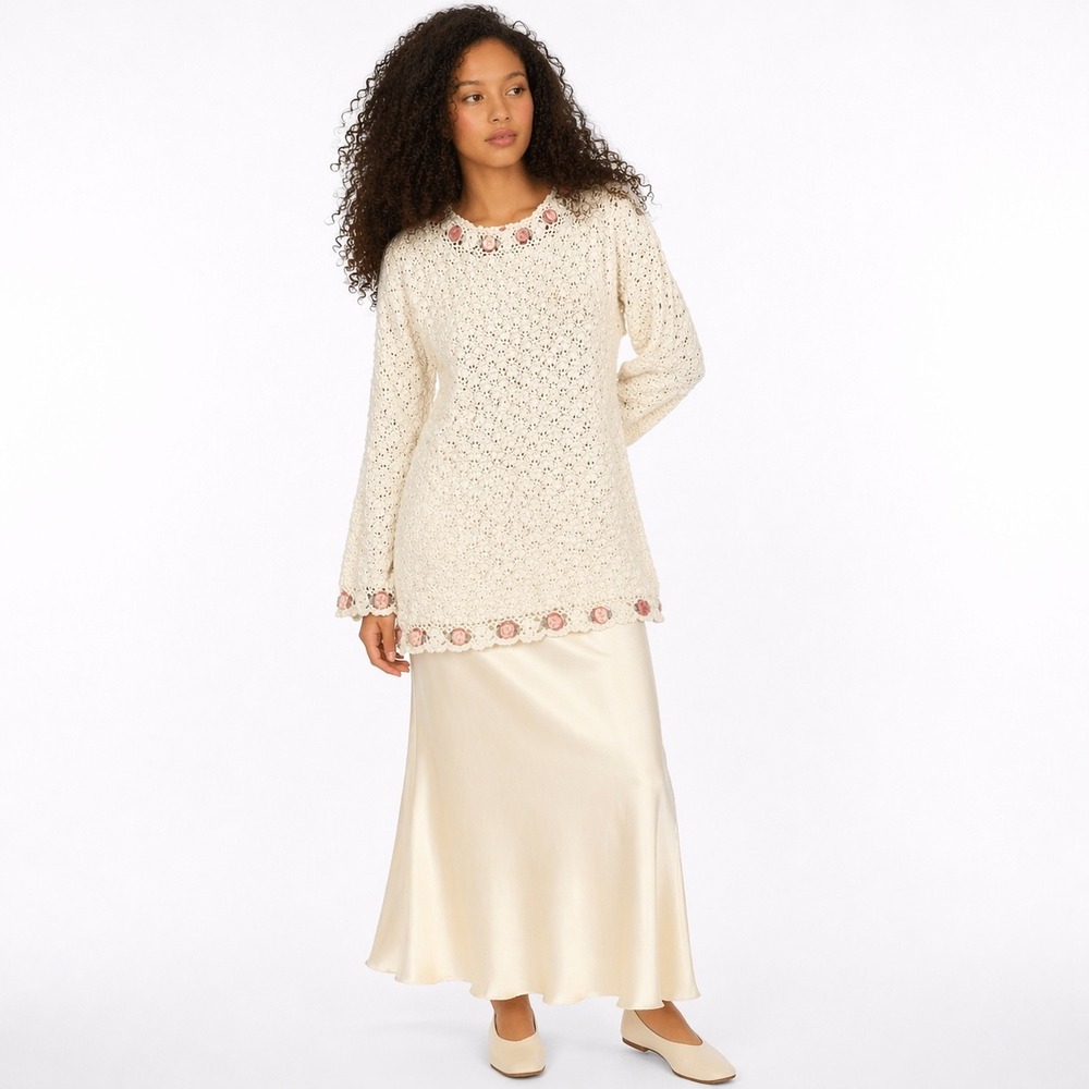Shenanigans Womens Crochet Sweater Ivory M Cottagecore Floral Hand Knitted Tunic